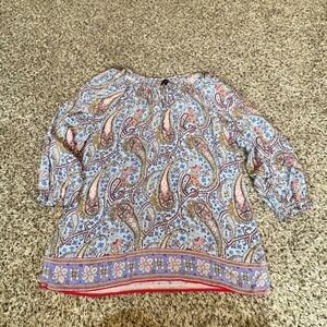 Talbots Womens XS Blue Paisley Floral Border Print Peasant Blouse 3/4 Sleeve Top